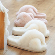 Women Warm Fluffy Cozy Faux Fur Cross Slides