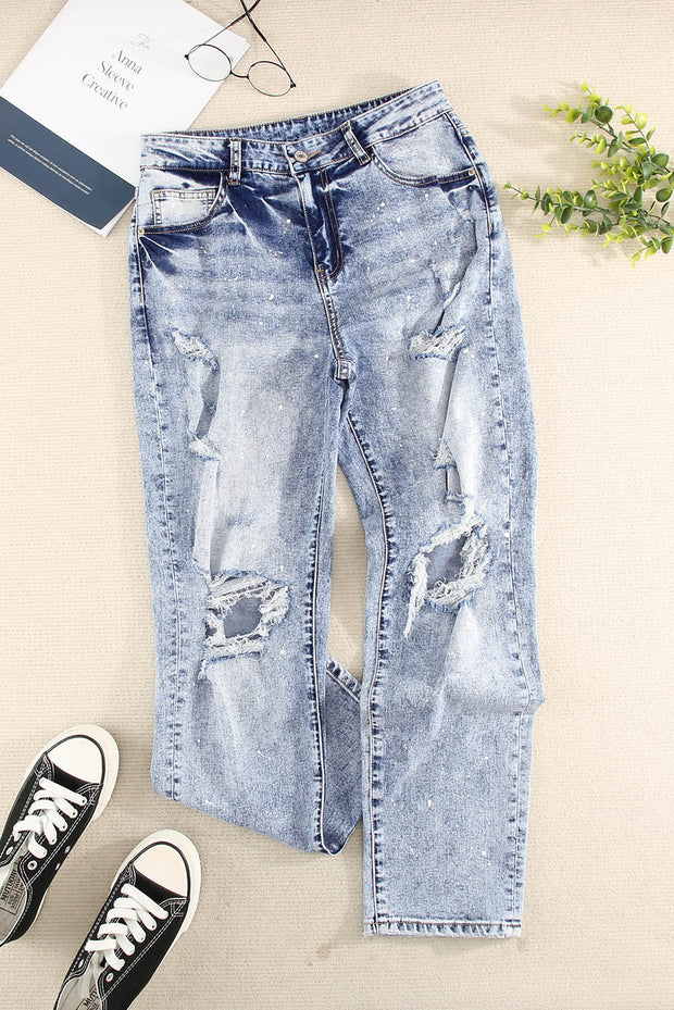 Splatter Distressed Acid Wash Jeans with Pockets