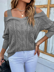 Cable-Knit Ribbed Trim Cold-Shoulder Sweater
