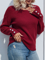 Button Detail Dropped Shoulder Rib-Knit Sweater