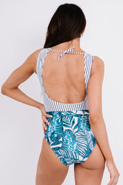 Striped Color Block Open Back One-Piece Swimsuit