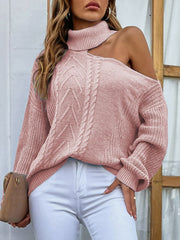 Mixed Knit Cold-Shoulder Turtleneck Sweater