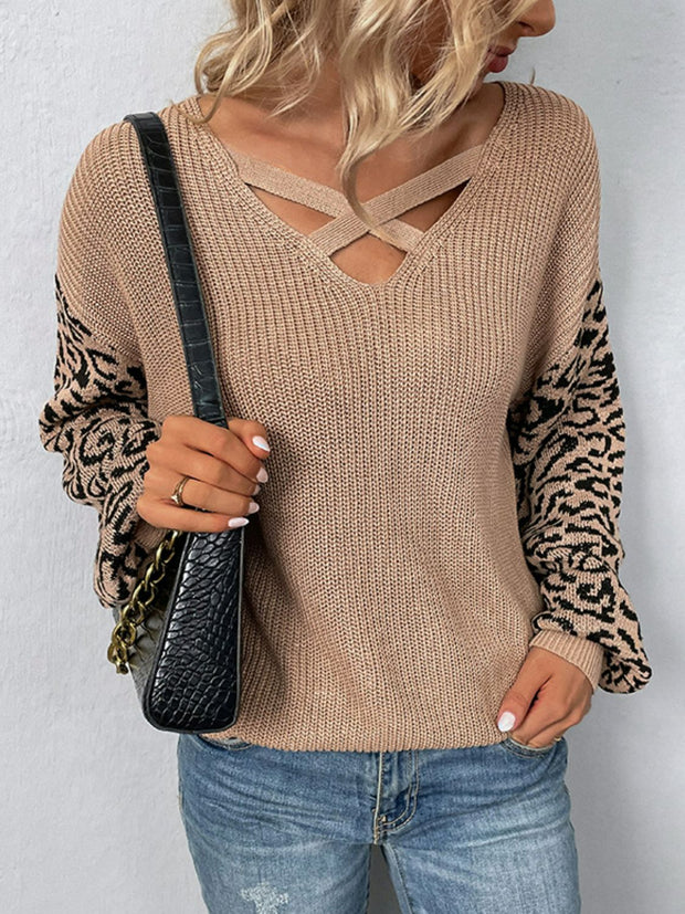 Leopard Lantern Sleeve Crisscross Sweater