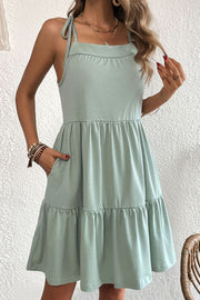 Tie-Shoulder Tiered Dress with Pockets