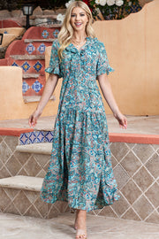 Paisley Print Flounce Sleeve Maxi Dress
