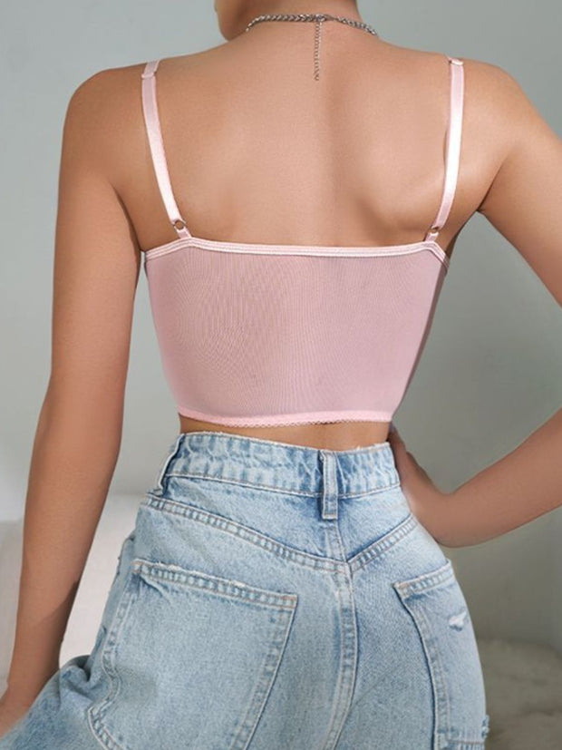 Embroidered Lace-Up Cropped Cami