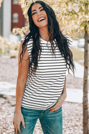Striped Round Neck Capped Sleeve Top