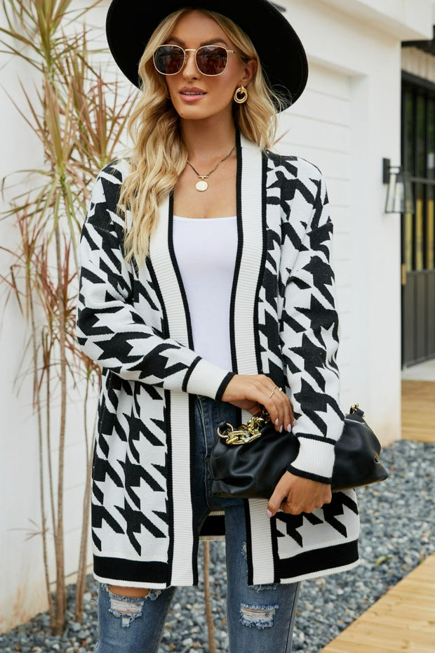 Houndstooth Ribbed Trim Open Front Cardigan