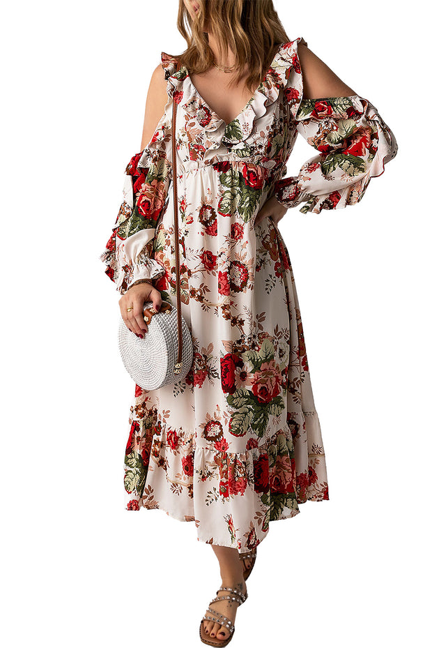 Floral Cold-Shoulder Ruffled Dress