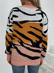 Tiger Print Ribbed Trim Tunic Sweater