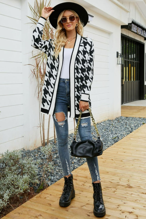 Houndstooth Ribbed Trim Open Front Cardigan