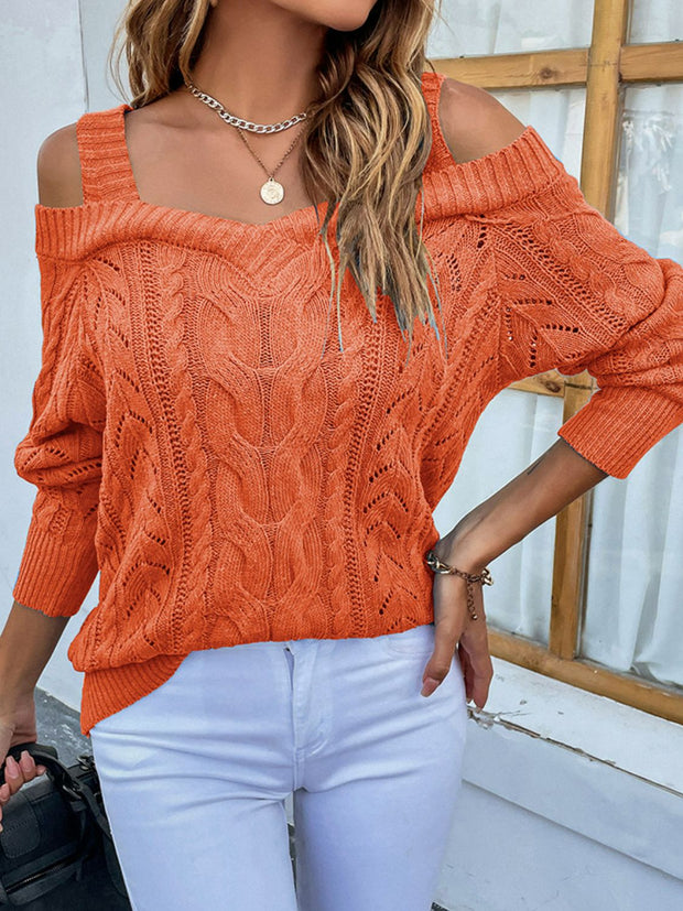 Cable-Knit Ribbed Trim Cold-Shoulder Sweater