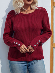 Button Detail Dropped Shoulder Rib-Knit Sweater