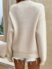 Half-Button Rib-Knit Dropped Shoulder Sweater