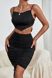 Spaghetti Strap Cropped Top and Ruched Skirt Set