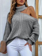 Mixed Knit Cold-Shoulder Turtleneck Sweater