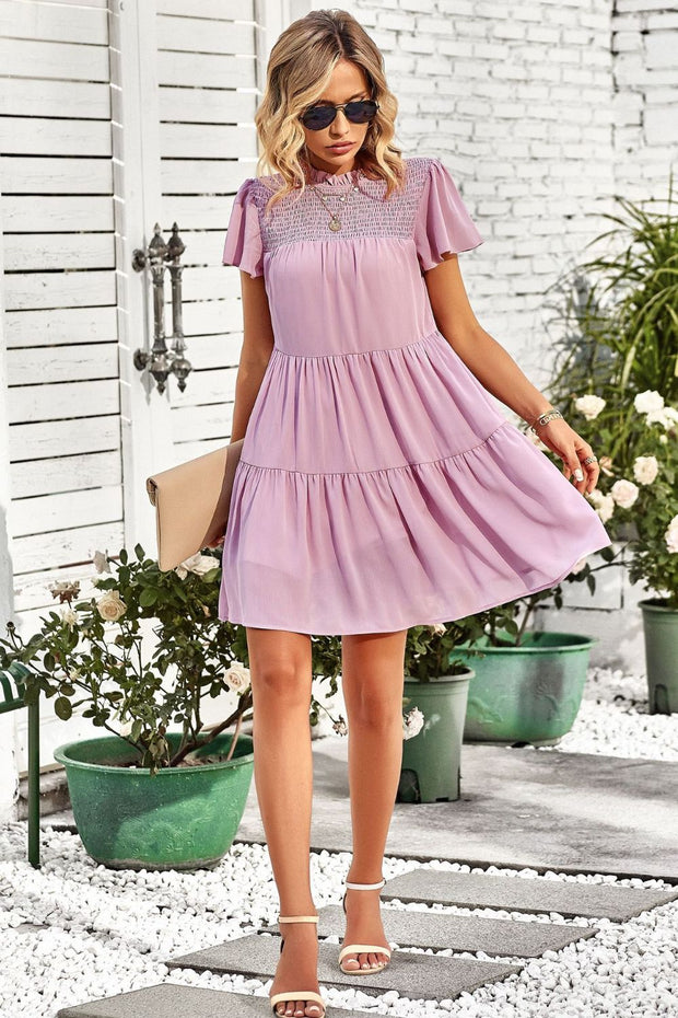 Smocked Puff Sleeve Tiered Mini Dress